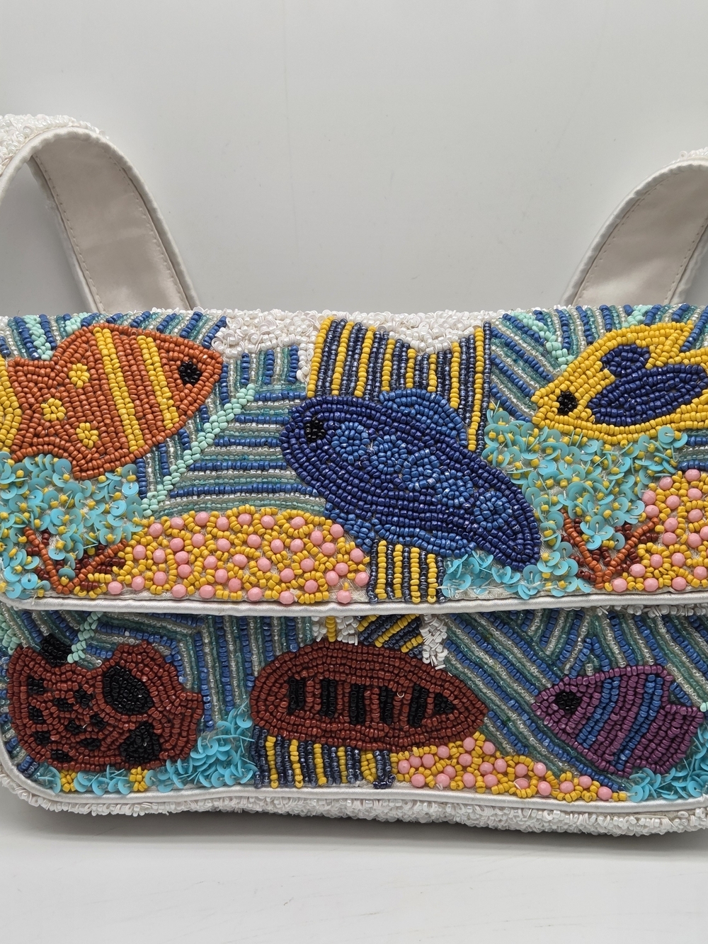 Viral Tropical Fish Beaded Shoulder Bag Handmade India Coastal Beach Purse NWT